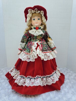 Rare Holiday Christmas themed Doll Porcelain 16'' tall Red Suede Dress with Lace