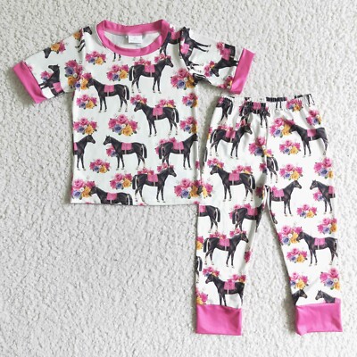 Girls Floral Horse Print Short Sleeve Pajamas Set 2pcs Sleepwear
