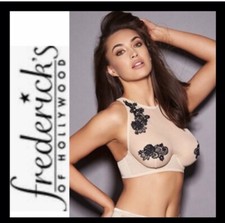 Fredericks of hollywood size S Bra, tan mesh with black lace and two hooks