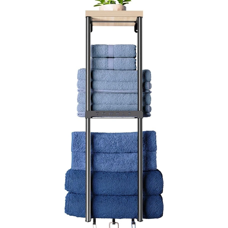 BATHROOM TOWEL STORAGE RACK, WALL MOUNTED, 2-TIERS, ORGANISER SHELF HOLDER UK