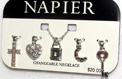 New NAPIER 5 Changeable Necklace Enhancers Silver CHARMS Cross Heart Lock Key +