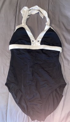 Sonoma Life + Style Contrast Piped Halter Cross Back One Piece Swimsuit 12 (C12)
