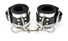 Metal Band Lined Leather Ankle Bondage Cuffs by Axovus
