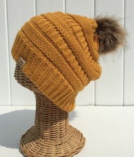 Women Winter Warm Knit w/ Faux fur Pom Stretchy Ski Beanie hat Dark Yellow H