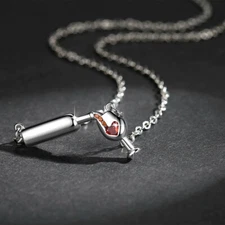 Silver Bottle of Wine w/ Glass Pendant Chain Necklace Jewelry - Cute and Fun