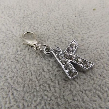 RHINESTONE Initial LETTER K Charm Zipper Pull Keychain Add On Clip Silver Tone