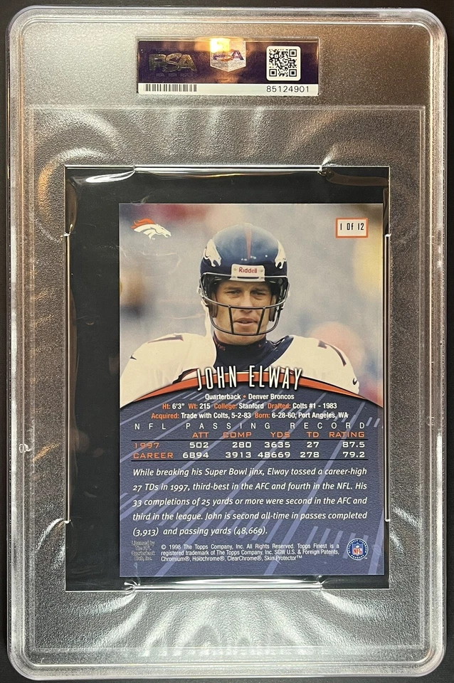 John Elway 1998 firmado Topps Finest Jumbos #1 PSA 9 autografiado Broncos Foto 4 de 4
