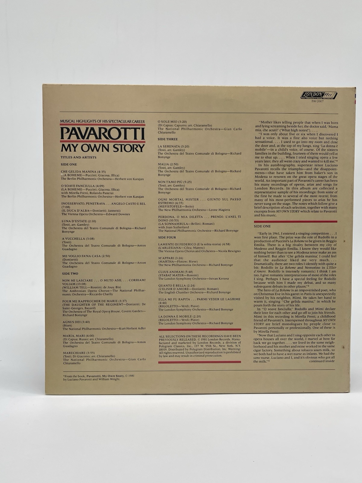 PAVAROTTI MY OWN STORY 2-LP SET VG+ VINYL RECORD LONDON GATEFOLD 1981 FREE SHIP