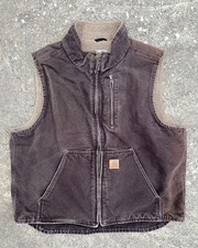 Carhartt Mens Vest Brown Large Sherpa Lined Workwear Canvas V33 DKB 100 Cotton