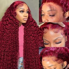 18" 99J Burgundy Deep Wave Lace Front Wigs Human Hair 180 Density 13x6 HD