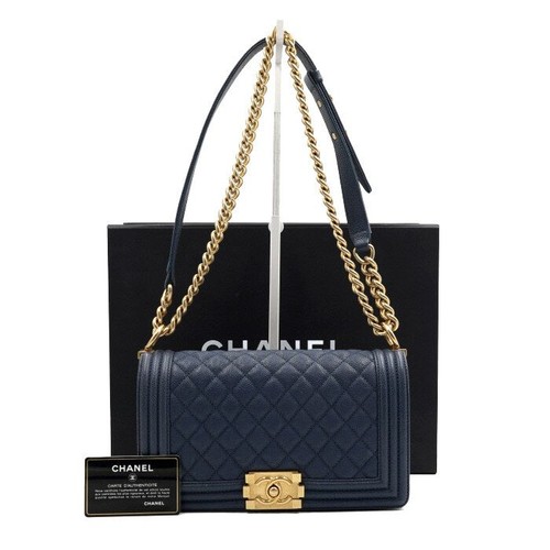CHANEL Boy Navy Skin Medium Flap Gold Chain Shoulder Bag A67086 152888976