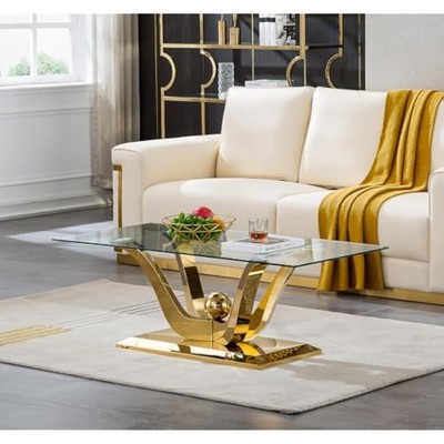 Luxury Gold Glass Coffee Table for Living Room Modern 47'' Rectangular 