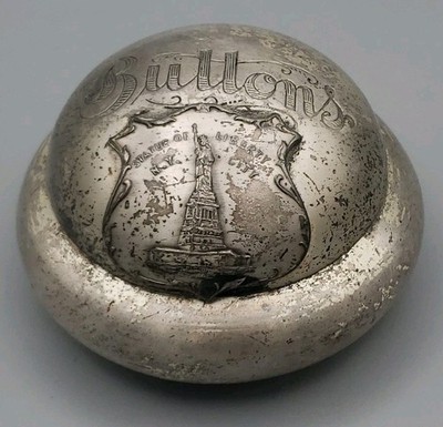   Early Antique Statue Liberty NY Button Box Jar Krementz K & Co Silverplate