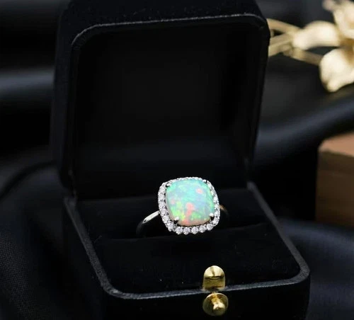 Dazzling Opal Cushion Cut Halo Silver Ring For Your Loved One
