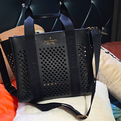 Kate Spade New York Black Perforated Tote Top Handle Zip Gold Hardware