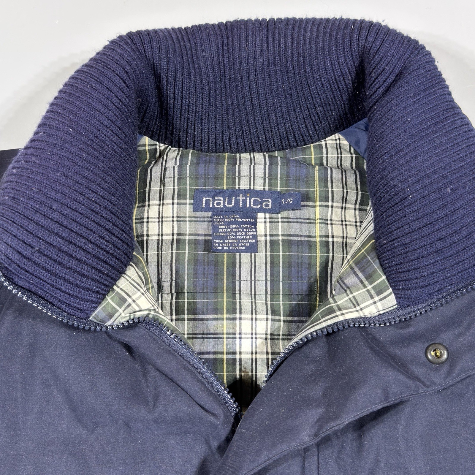 Vintage Nautica Jacket Mens Large Navy Duck Down Puffer Coat Plaid Lining Zip image 4