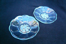 2 alte kleine TELLER *D~15* PRESSGLAS blau + OBST-Dekor* WALTHER? ~1935? /ukX59
