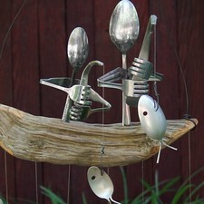 Fishing Man Spoon Fish Sculptures Wind Chime Indoor Outdoor Hanging Ornament