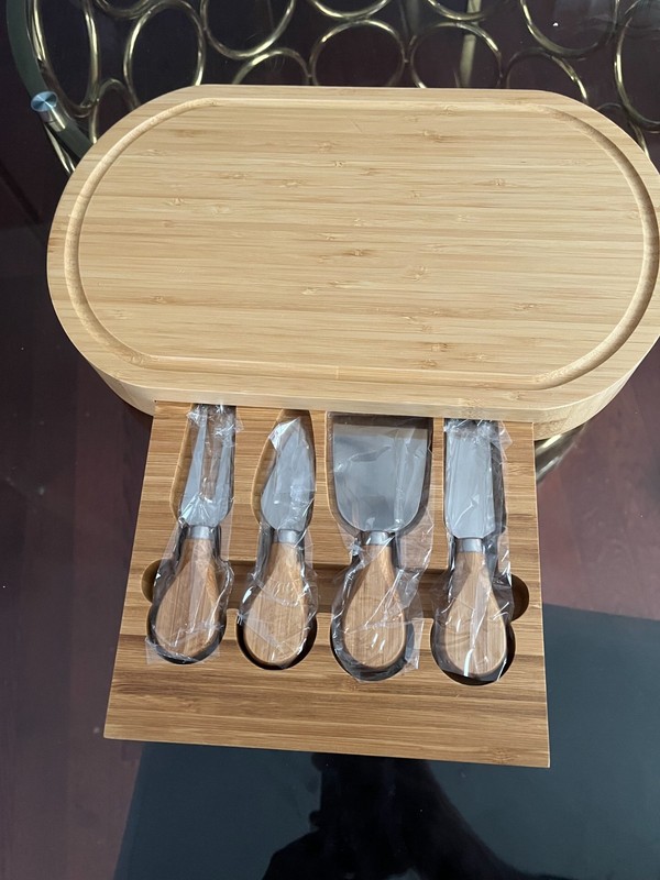 Bamboo Wood Cheese Board & Charcuterie Set with Integrated Slide-Out Drawer & 4