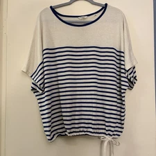 Max Studio Women's Striped Blue & Cream Flowy oversized Top, Elastic Waistband