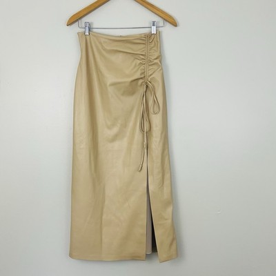 Nanushka Malorie Vegan Leather Skirt in Eggshell Midi Length Side Slit Size S