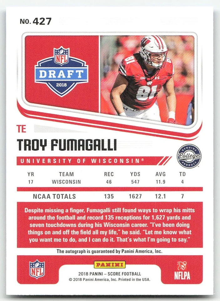 2018 Score #427 Troy Fumagalli FOOTBALL Wisconsin Badgers - Image 2 of 2