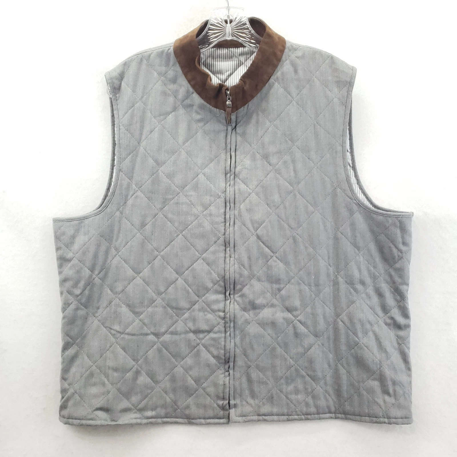 Joseph Abboud Quilted Vest Mens 48 Gray Wool Herringbone Tweed Full Zip *flaws