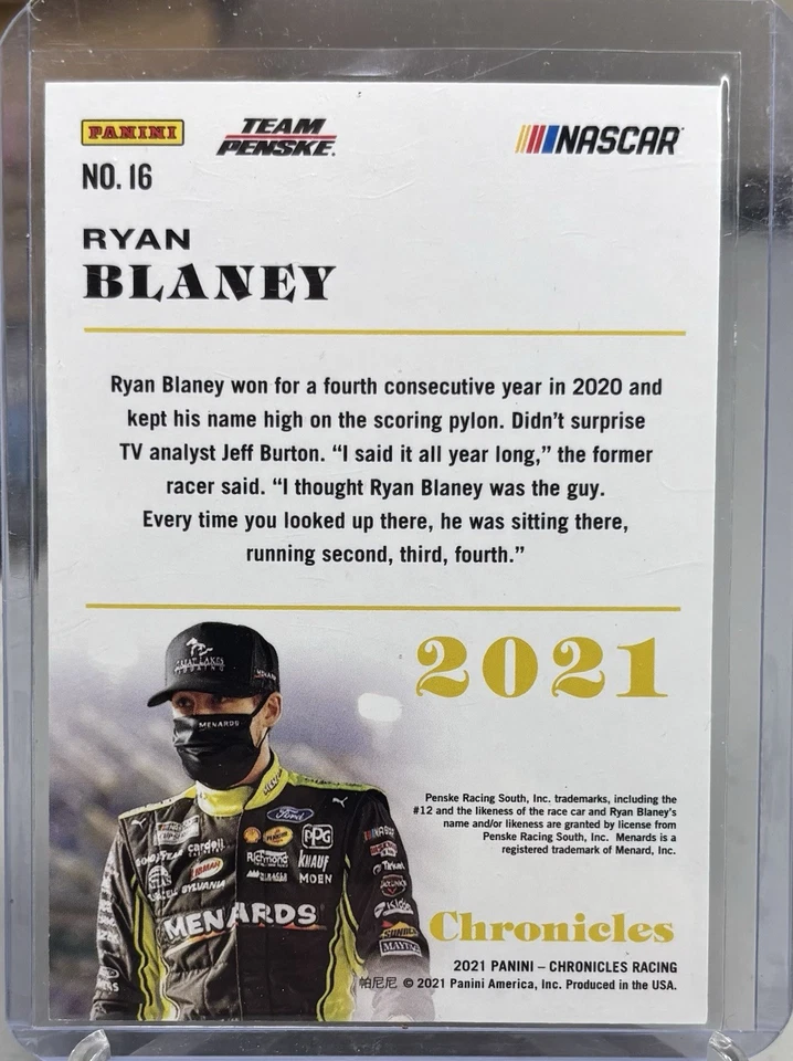2021 CHRONICLES NASCAR RACING BLUE #16 RYAN BLANEY /199 B2R1 - Image 2 of 2