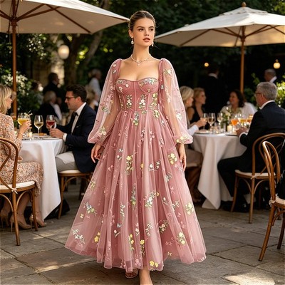 Women's Long Sleeve Embroidery Prom Dresses Tea Length Floral Evening Party Gown