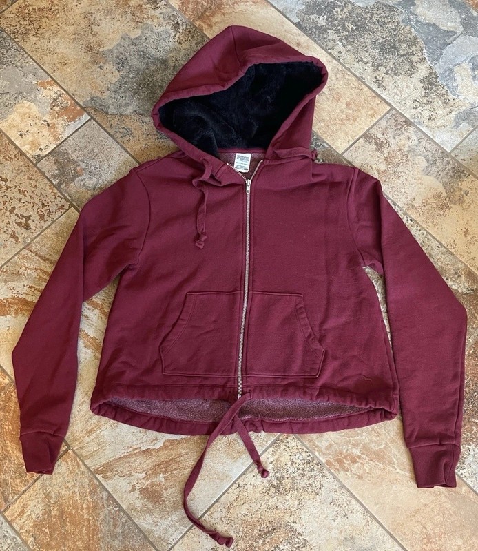 Victoria Secret PINK Maroon Hoodie With Black Fo Fur Hood Size XS