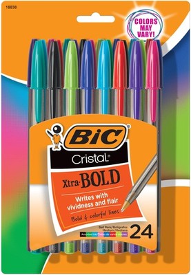 BIC Cristal Xtra Bold 24 Count (Pack of 1), Vivid Assorted Ink Colors 
