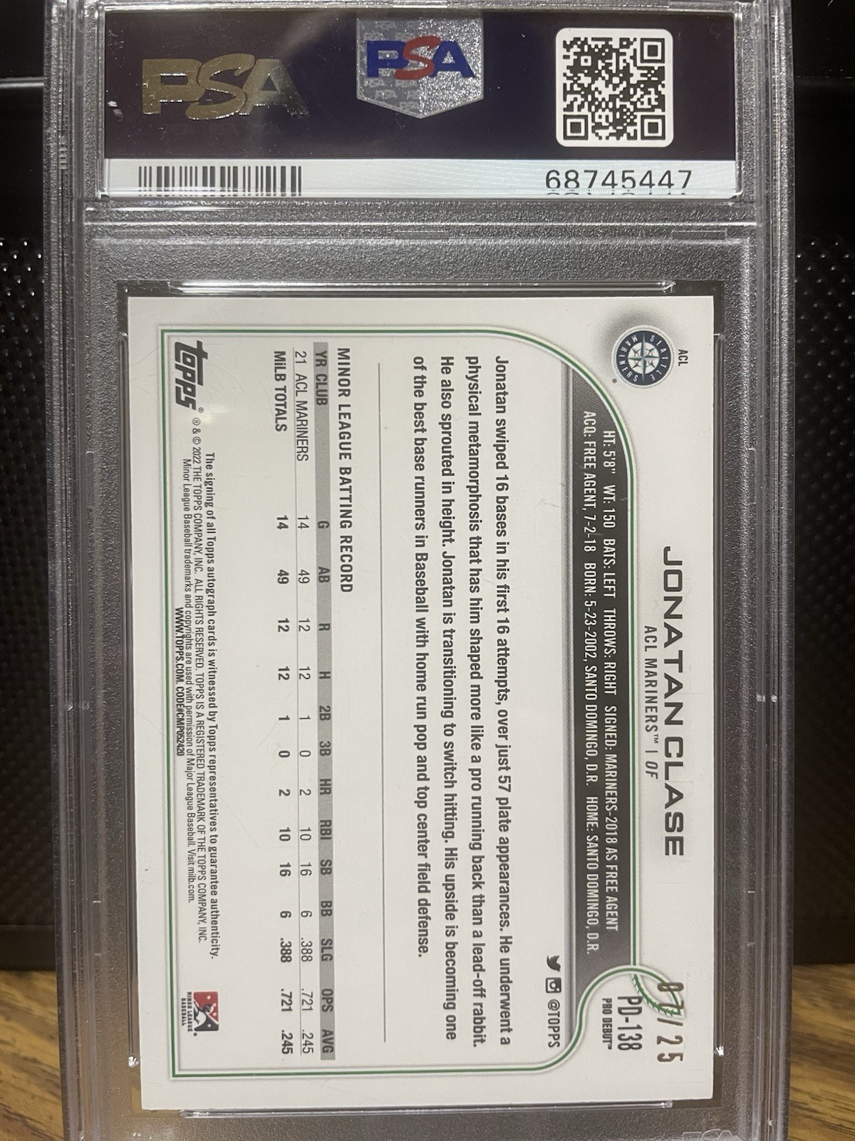 2022 Topps Pro Debut Jonatan Clase RC Auto Orange Autographs /25 PSA 9 Acl view 2