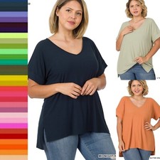 1X 2X 3X Ribbed V Neck or Round Neck Short Sleeve Soft Rayon Top Loose T Shirt