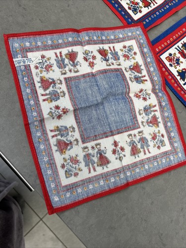 Vtg Kolf Austria Folklore Folk Art 100% Cotton Cloth Napkin Hanky Blue Red X3 - Picture 4 of 11