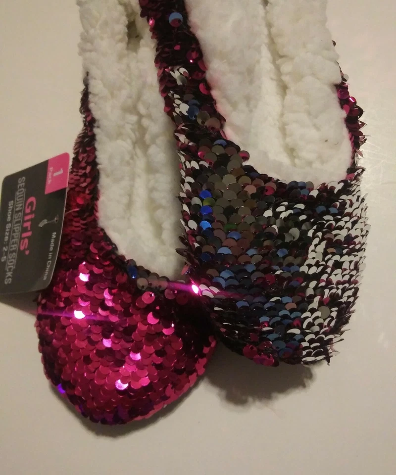 Calcetines deportivos con lentejuelas abatibles para niñas - Rosa intenso/plateado de piel sintética - Zapato L/XL Talla 2-5 Foto 3 de 4