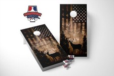 American Flag Deer Forest Cornhole Board Vinyl Wrap Skins Laminated Sticker Set