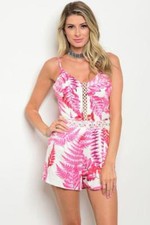 White Pink Tropical Leaf Print Crochet Lace Detail Spaghetti Strap Romper