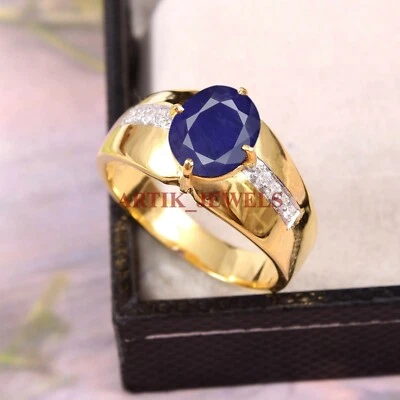 Chauffé Saphir Bleu Gemme Plaqué Or 925 Argent Sterling Homme Bague #5274 - Photo 1/4