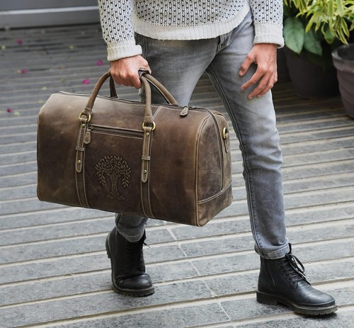 Bolso de fin de semana de lona de viaje de cuero con bolsa de tocador kit doble marrón 20 - Imagen 2 de 7