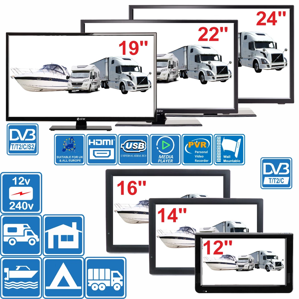 UNISPECTRA TV digitale 7" - 24" 12v 240v per camper caravan barca DVB-T2 Freeview PVR