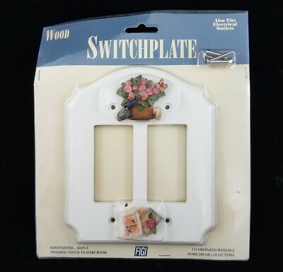 Vintage FIGI White Gardening Wood Double Rocker Switchplate Outlet Cover NOS