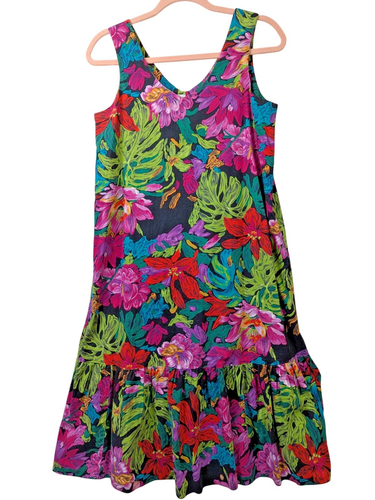 Vintage HILO HATTIE sz S Tropical Ruffle Hawaiian Dress Sleeveless Cotton Floral