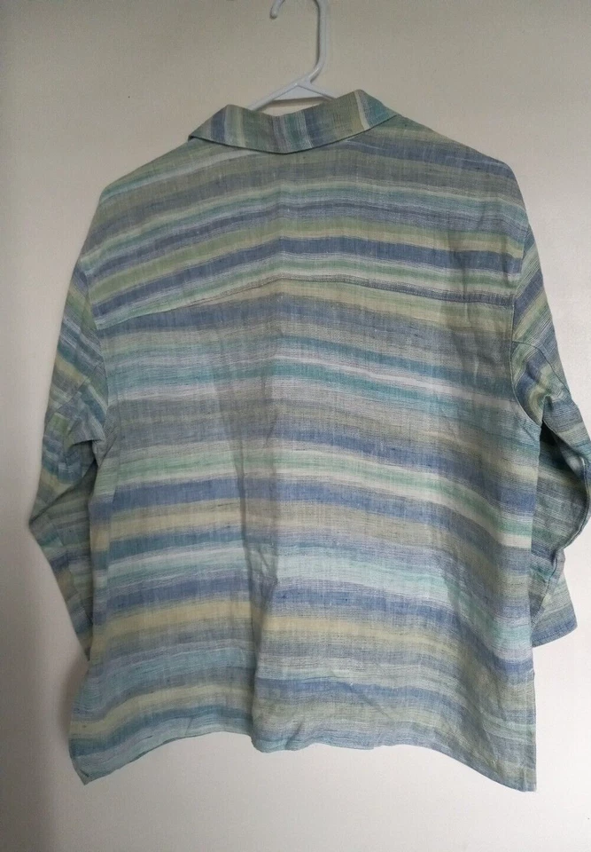 CHICO’S Women’s 100% Linen Striped Shacket Jacket Waist Sz 2 Button* - Image 3 of 4