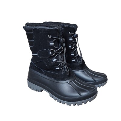 Lands End Winter Duck Boots Youth Size Rubber Black Suede Sherpa Lined 