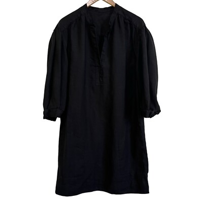 Vince 100% Linen V-Neck Shift Dress 3/4 Sleeve Black Large