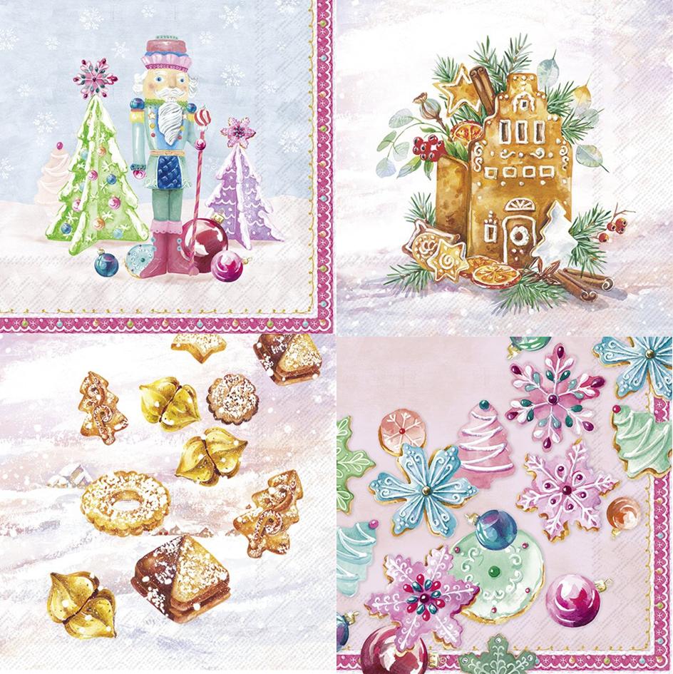 4 x MIXED Paper Napkins/33cm/3Ply/Decoupage/Christmas/Gingerbread/Biscuits