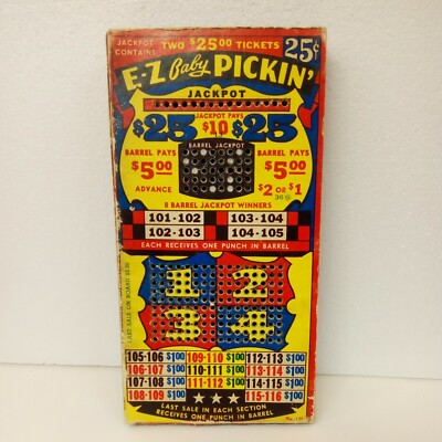 Punch Board Bar Gambling Game 25 Cent E-Z Baby Picking Some Unpunched Vtg