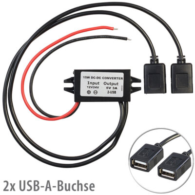 revolt DC/DC-Spannungswandler für 12/24 zu 5 V, 3 A, IP67, 2x USB-A-Buchse