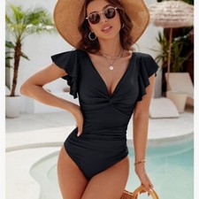 Elegant Black One Piece Swimsuit with Ruffled Sleeves  L  NWOT