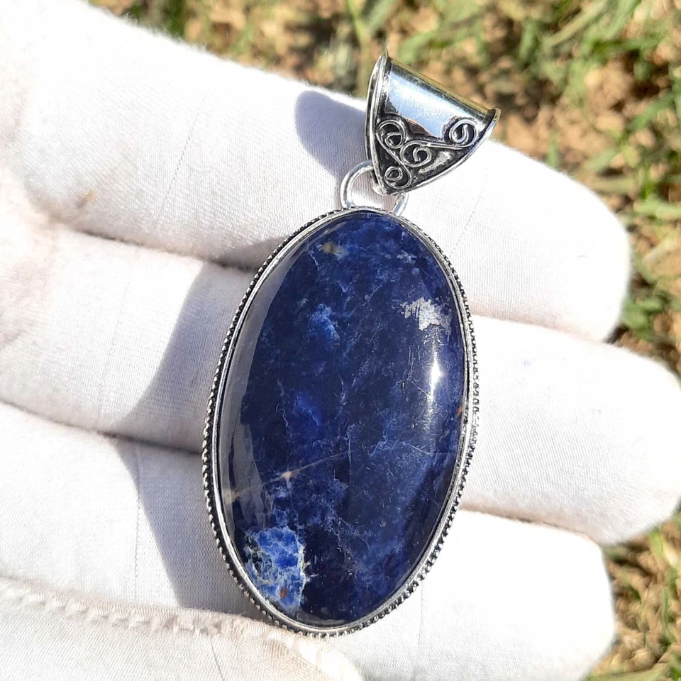 Joyería colgante enchapada en plata de ley 925 con piedras preciosas de sodalita de 2" Foto 4 de 4